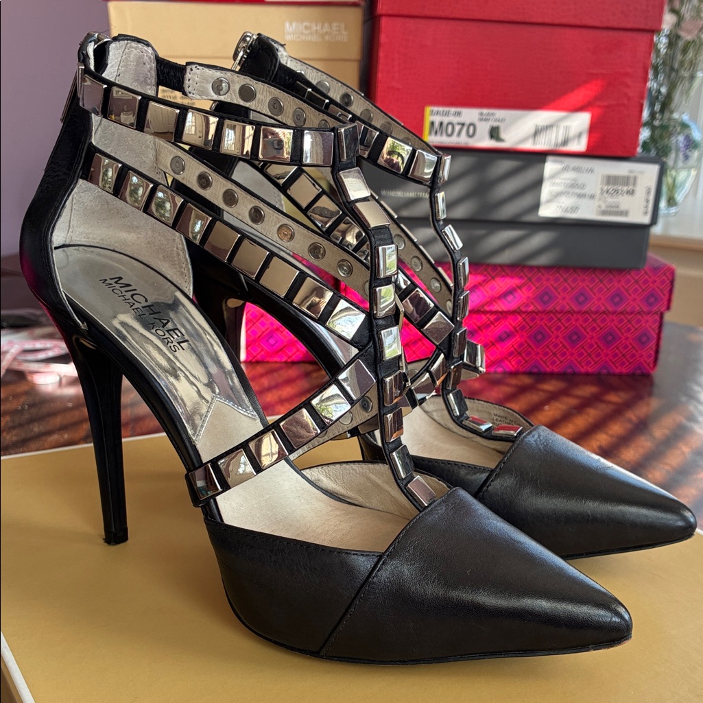 Michael Kors Black Studded Strappy Pointed-Toe Heels
